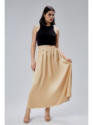 Vizon Regular Büzgülü Beli Lastikli Saten Etek Vizon Regular Büzgülü Beli Lastikli Saten Etek