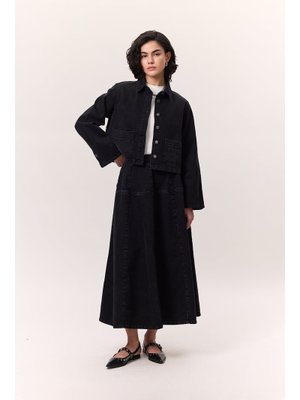 Siyah Geniş Büzgülü Denim Etek Siyah Geniş Büzgülü Denim Etek