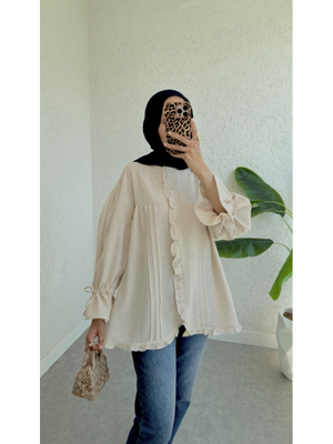 Taş Kolları Bağcıklı Taşlı Düğmeli Modal Kumaş Gömlek