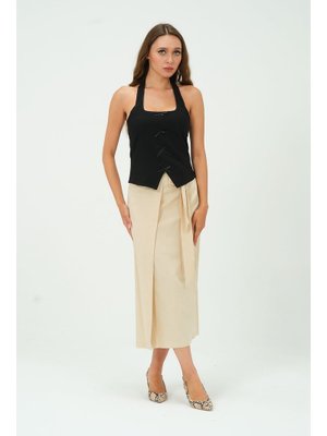 Belden Bağlama Detaylı Keten Midi Uzun Etek Taş