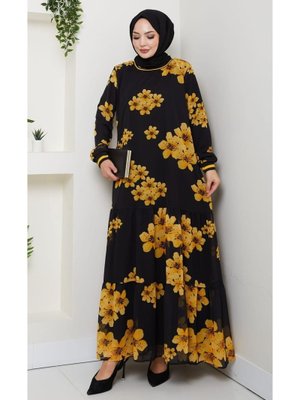Astarlı Sarı Şifon Çiçek Desenli Elbise