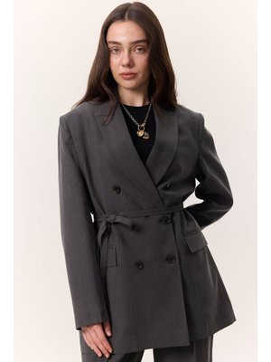 Antrasit Tencel Kemerli Kruvaze Blazer Ceket Antrasit Tencel Kemerli Kruvaze Blazer Ceket
