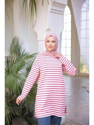 Fuşya O Yaka Yatay Çizgili Uzun Kollu Kısa Yırtmaçlı Tunik 46) Fuşya O Yaka Yatay Çizgili Uzun Kollu Kısa Yırtmaçlı Tunik 46)