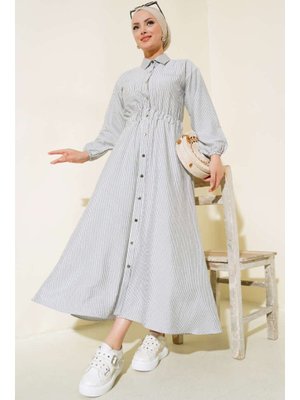 Füme Boydan Metal Düğmeli Çizgili Elbise