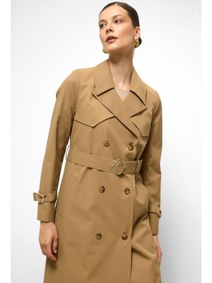 Pelerin Detaylı Su İtici Özellikli Kruvaze Uzun Trençkot Kamel