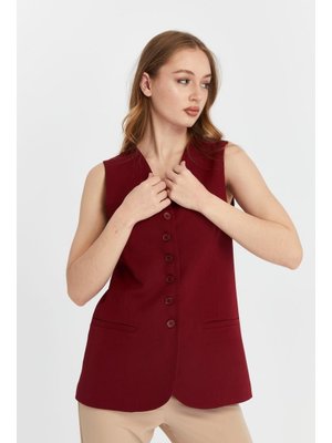 Bordo Düğmeli Regular Astarlı Dokuma Yelek