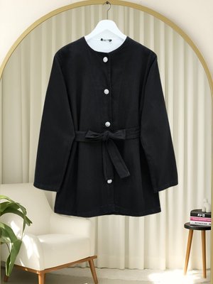 Siyah Kemerli Düğmeli Yuvarlak Yaka Kot Ceket