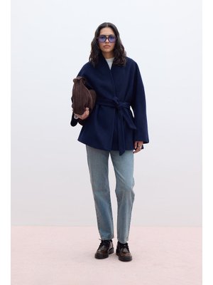 Lacivert Kimono Tarzı Kaşe Kaban