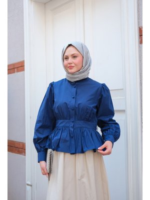 Lacivert Beli Büzgü Detaylı Gömlek