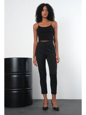 Siyah Yüksek Bel Dar Paça Dokuma Pantolon