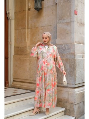 Yeşil Şakayık Desenli Elbise Yeşil Şakayık Desenli Elbise