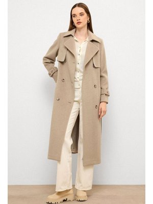 Pelerin Detaylı Kruvaze Kaban Taş Melanj