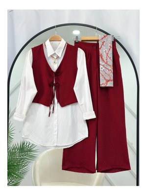 Bordo Gömlek Yelek Pantolon Üçlü Takım
