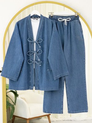 Koyu Mavi Önü Bağlamalı Cepli Pantolonlu Kot Kimono Takım Koyu Mavi Önü Bağlamalı Cepli Pantolonlu Kot Kimono Takım