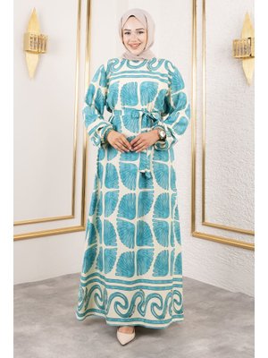 Mint Yeşili İstiridye Desenli Viskon Elbise