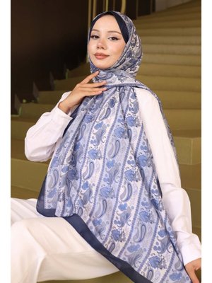 Lacivert Etnik Desenli Şal