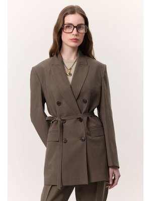 Kahverengi Tencel Kemerli Kruvaze Blazer Ceket Kahverengi Tencel Kemerli Kruvaze Blazer Ceket