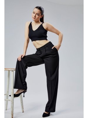 Siyah Regular Kalıp Dokuma Palazzo Pantolon