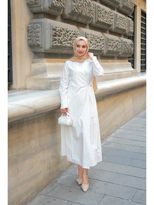 Beyaz Poplin Yan Bağlamalı Elbise Beyaz Poplin Yan Bağlamalı Elbise