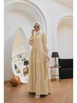 Bej Parça Boya Tensel Britli Düğmeli Büzgülü Elbise