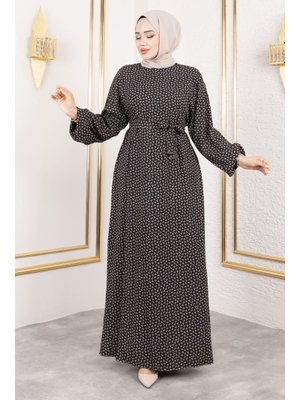 Siyah Çıtır Desenli Viskon Elbise