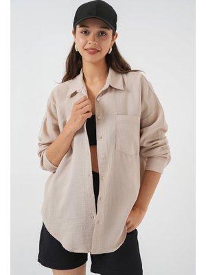 Taş Tek Cepli Oversize Müslin Gömlek Taş Tek Cepli Oversize Müslin Gömlek