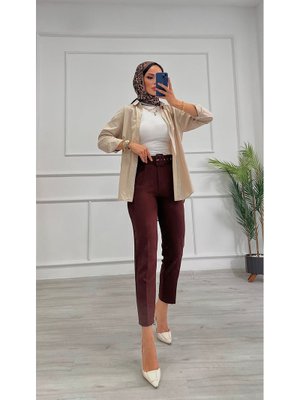 Kahverengi Dabıl Kumaş Beli Kemerli Havuç Kesim Pantolon