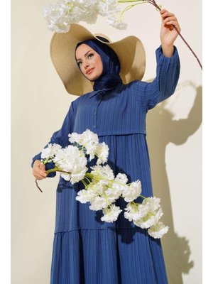 Mavi Viskon Kumaş Yaka Gömlek Elbise