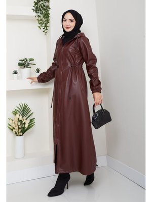 Fermuarlı Kapüşonlu Şardonlu Bordo Deri Kap