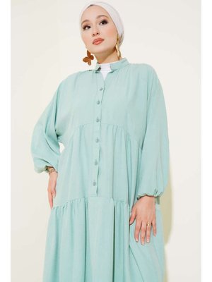 Yeşil Hakim Yaka Yarım Düğmeli Patlı Elbise