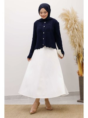 Lacivert Nakışlı Delikli Triko Hırka