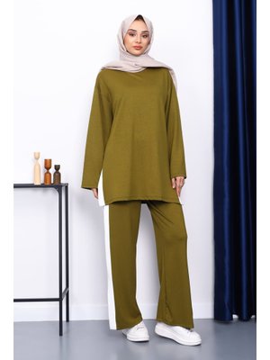 Yağ Yeşili Renk Bloklu Modal Tunik Pantolonlu Takım