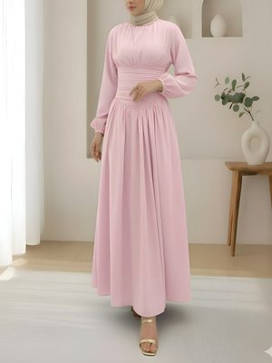 Pembe Önü Büzgülü Kolu Lastikli Fermuarlı Poplin Elbise