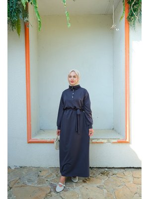 Yüksek Yaka Çıtçıtlı Elbise İndigo Mavi Yüksek Yaka Çıtçıtlı Elbise İndigo Mavi