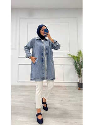 Mavi Kot Taş Detaylı Cepli Uzun Ceket Denim Mavi Kot Taş Detaylı Cepli Uzun Ceket Denim