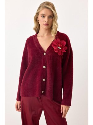 Bordo Çiçek Aksesuarlı Soft Triko Hırka