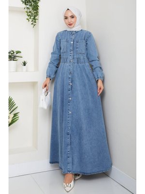 Belden Lastikli Cep Detaylı Kot Mavi Elbise