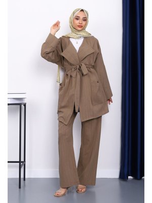 Haki Bel Kuşaklı Keten Kimono Pantolonlu Takım Haki Bel Kuşaklı Keten Kimono Pantolonlu Takım