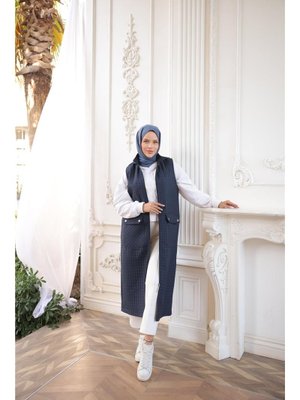 Lacivert Kapüşonlu Fermuarlı Kolsuz Önden Cepli Kapitone Uzun Yelek 46)