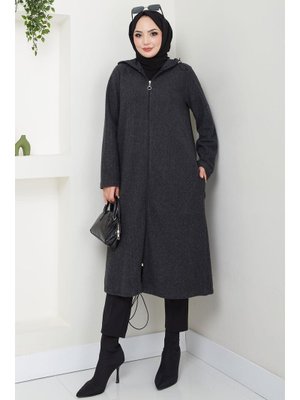 Antrasit Fermuarlı Kapüşonlu Kap