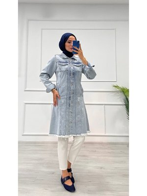 Açık Mavi Kot Tunik Püskül Detaylı Çift Cepli Denim Ceket Açık Mavi Kot Tunik Püskül Detaylı Çift Cepli Denim Ceket