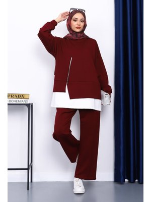Bordo Fermuar Detaylı Modal Tunik Pantolonlu Takım Bordo Fermuar Detaylı Modal Tunik Pantolonlu Takım