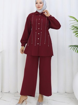 Bordo Taş Detaylı İkili Takım Bordo Taş Detaylı İkili Takım