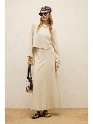 Pamuklu Geniş Kol Crop Bluz Natural