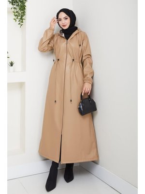 Fermuarlı Kapüşonlu Şardonlu Vizon Deri Kap