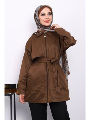 Kahverengi Cep Detaylı Kuşaklı Ceket Kahverengi Cep Detaylı Kuşaklı Ceket