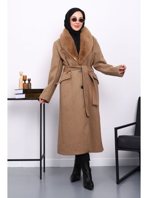 Camel Yaka Kürklü Kuşaklı Kaşe Kaban Camel Yaka Kürklü Kuşaklı Kaşe Kaban