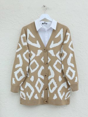 Vizon Düğmeli Desenli V Yaka Triko Hırka