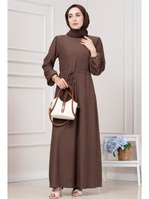 Kahverengi Beli Tünelli Fitilli Aslı Elbise Kahverengi Beli Tünelli Fitilli Aslı Elbise