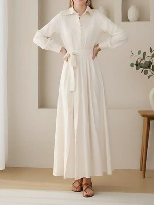 20688elb Kuşaklı Düğme Detaylı Hakim Yaka Elbise 20688elb Kuşaklı Düğme Detaylı Hakim Yaka Elbise